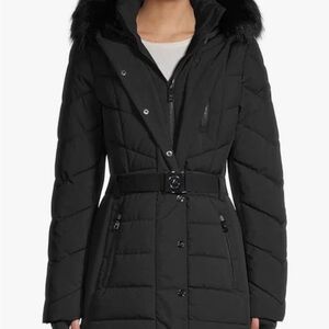 Michael Kors Quilted Black Puffer Coat with Fur Hood